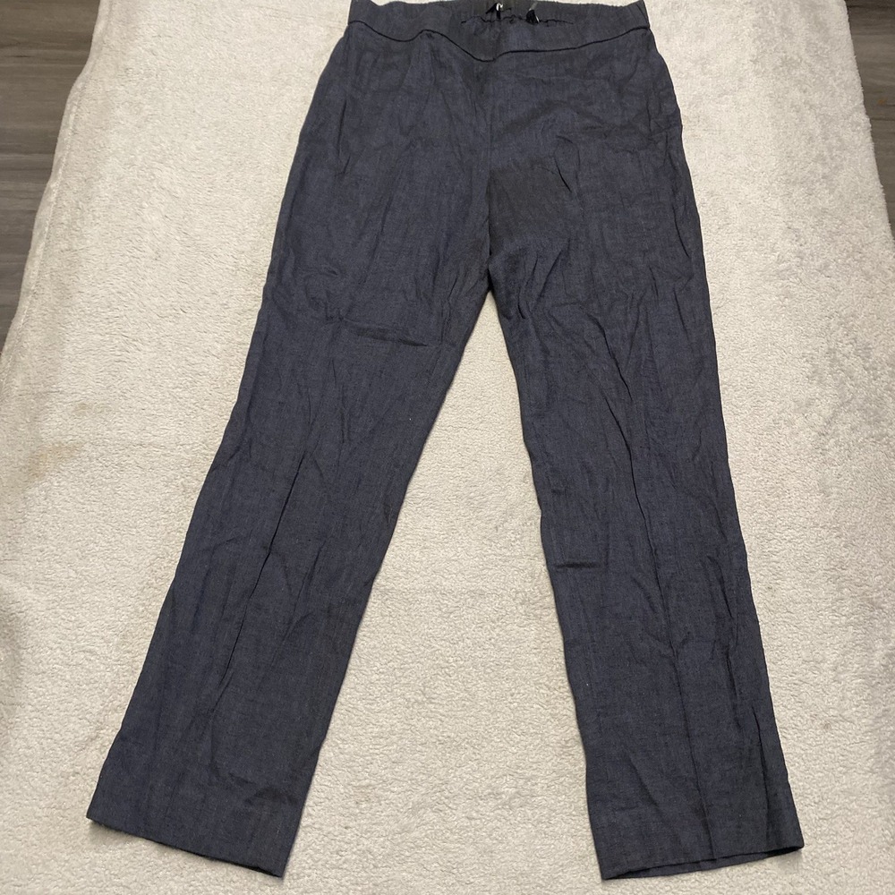 Theory Linen Blend Pants Womens 2 Dark Navy Pull On Eco Sharkskin Stretch Waist